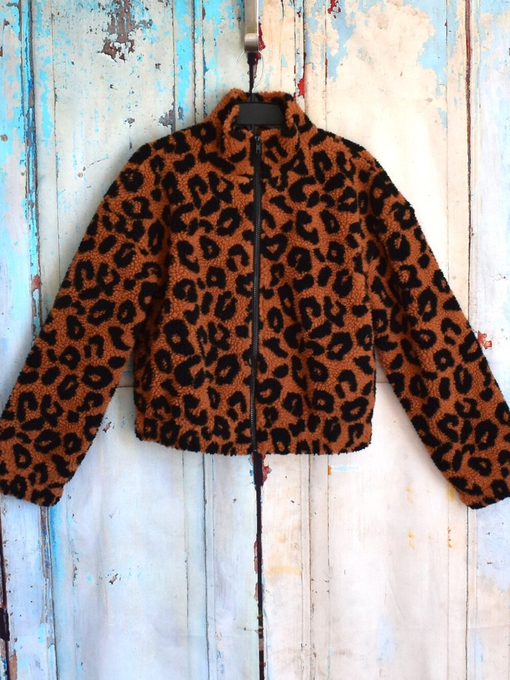 Women's Blu Pepper Sherpa Fleece Jacket Full Zip MEDIUM Leopard Print